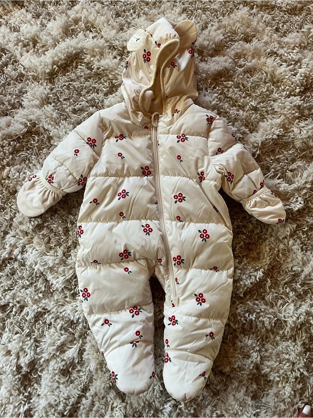 Old Navy Cream Floral Puffer One-Piece Snowsuit with Hood